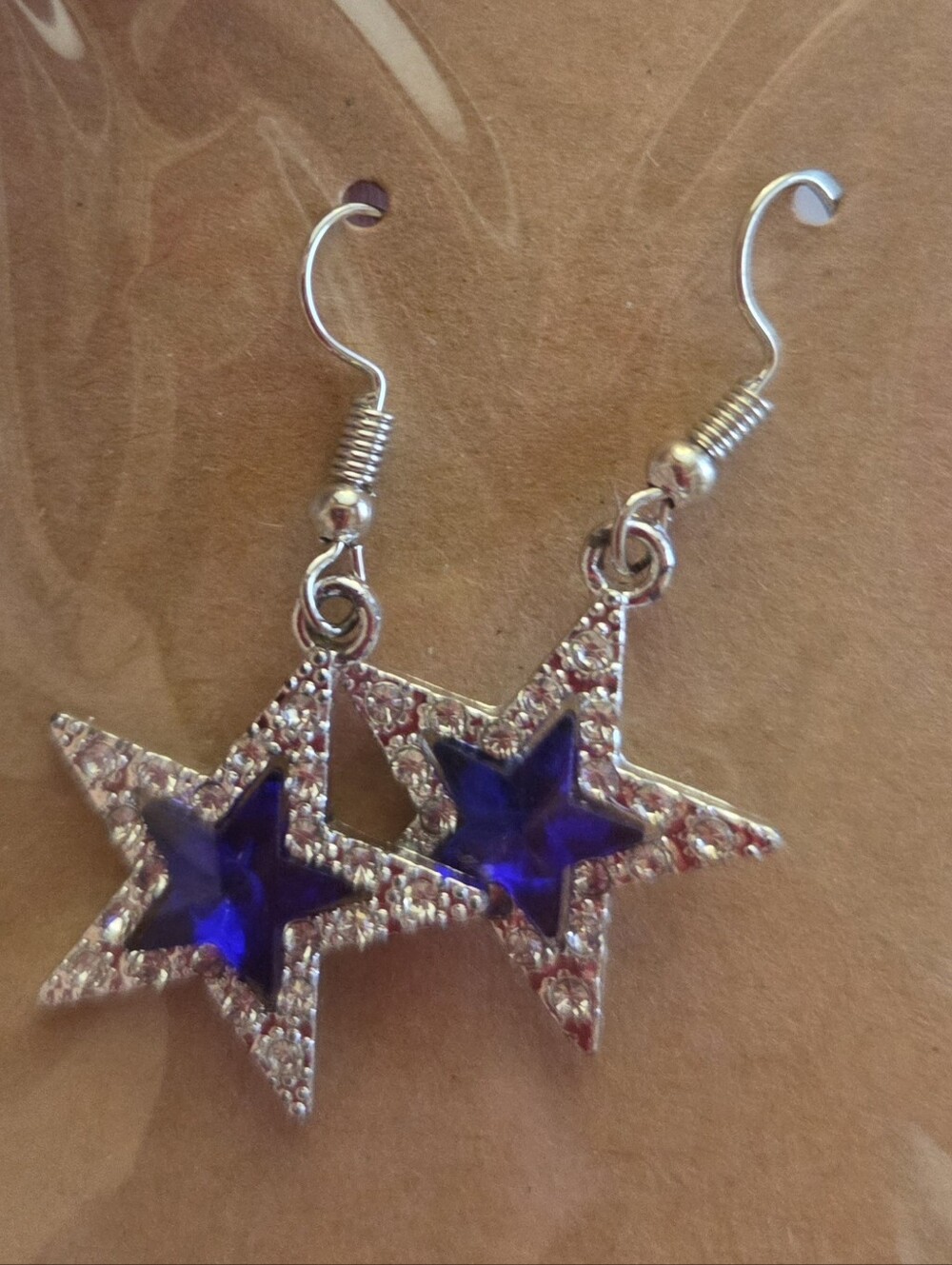 Silver Star Drop Earrings with Deep Blue Crystal